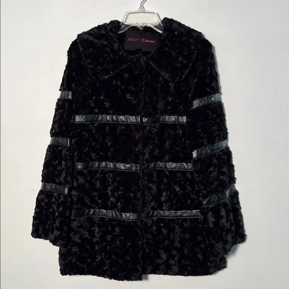 BETSEY JOHNSON Penny Lane Faux Mongolian Fur/Leather Mod Wide Collar BLK Coat S - Picture 1 of 16